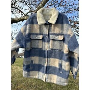 Roxy Blue Plaid Sherpa Lined Shacket Oversized Flannel Jacket XL ERJJK03444